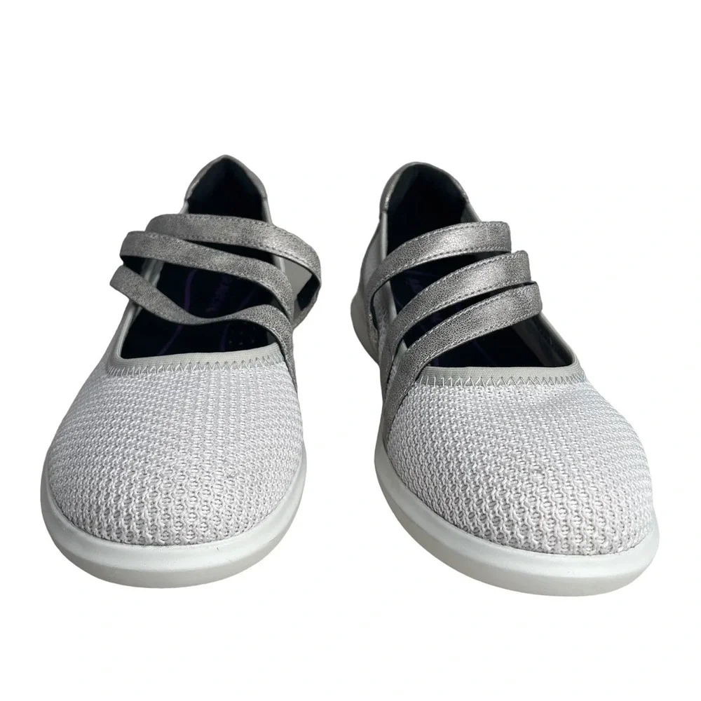 Aravon Womens 8B White Silver Knit Mary Jane Comfort Walking Shoes Hook Loop